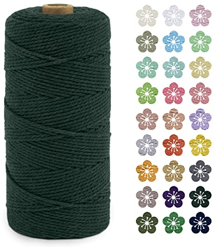 LEREATI Makramee Garn 2mm x 200m Baumwollkordel Natur Baumwollseil Farbig Baumwollgarn, Macrame Cord 2mm für DIY Geflochten, Makramee Deko, Hängepflanze, Wandbehang, Vorhang (Dunkelgrün)