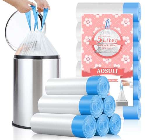AOSULI 5l Bin Liners Small Bin Bags Bathroom Waste Bags White Pedal Trash Bags 108 Plastic Garbage Bags with Tie Handles Drawstring Toilet,Fit 3-6L Caddy Bin