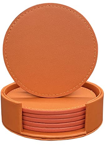 RICHSUM Dessous de verre 6 pièces en simili cuir souple dessous de verre rond avec couture autour, adaptés à différentes tasses, tables en bois, décoration de la maison, 10 cm (orange)