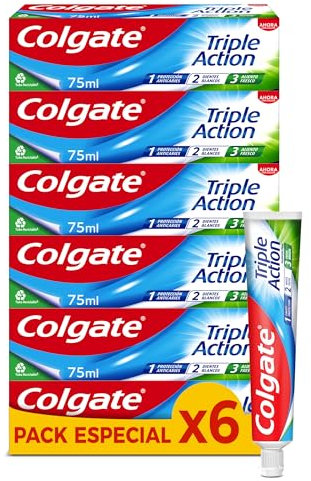 Colgate Tripla azione dentifricio, confezione da 6 x 75 ml, dentifricio al fluoro, dentifricio anticarie, aiuta a mantenere i denti bianchi, rinfresca il respiro, per tutta la famiglia