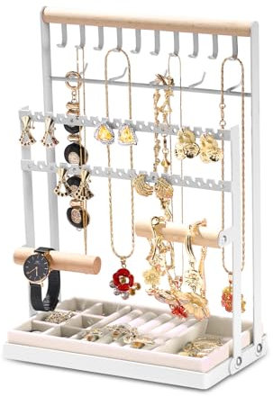 Espositore Gioielli Supporto Per Gioielli, Portagioie, Porta Collane e Orecchini, con 15 ganci Torre di esposizione di gioielli Rack di stoccaggio ad albero, per Bracciali Orecchini Anelli, Bianco
