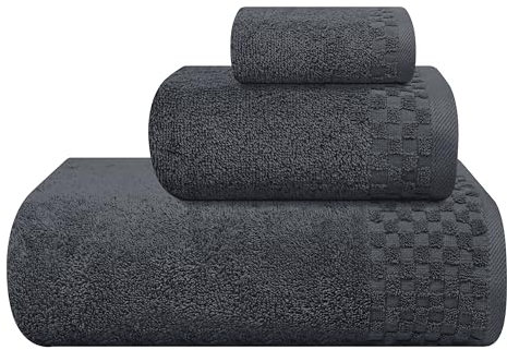MyOwn Ultra-weiches 3er-Pack Baumwoll-Handtuch-Set, enthält a übergroße Badetücher 70 x 140 cm, a Handtücher 40 x 60 cm und a Waschbetten 30 x 30 cm, Holzkohle Grau
