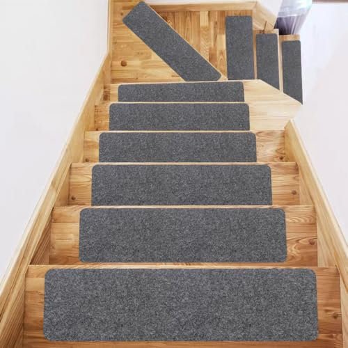 Hoquare 14pcs Carpet Stair Treads, Edging Non Slip Stair Mats, Step Runners Staircase Protection Cover, Washable Stair Carpet Treads for Kids, Elders, Pets (Grey)