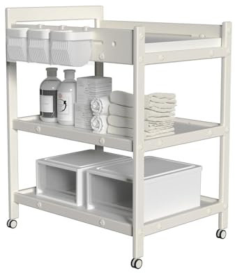 hoopyosms Plastik Baby-Wickeltisch mit Wasserdichter Matte, Wickelstation mit Rädern, Tragbarer Mobiler Organizer für Neugeborene und Säuglinge, mit Großem Stauraum und Regal, Beige