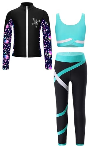 TiaoBug Enfant Fille Ensemble Patinage Artistique Vestes Top Strass Zippée Manches Longues et Débardeur Legging de Sport Survêtement Justaucorps Gymnastique 5-16 Ans Bleu vert 11-12 ans