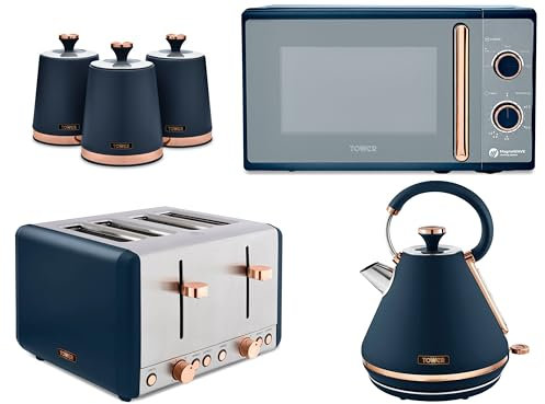 Tower Cavaletto 1.7L 3KW Pyramid Kettle, 4 Slice Toaster, 800W 20L Microwave & Tea, Coffee, Sugar Canisters Matching Kitchen Set of 6 in Midnight Blue with Rose Gold Accents