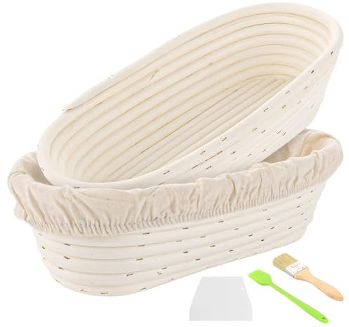 GBACHOOSE Lot de 2 Banneton en Rotin Naturel, Diamètre : 30 cm de fermentation ovales pour la cuisson du pain, avec chiffon en lin et pinceau à huile en silicone pour pain et pâte à pain