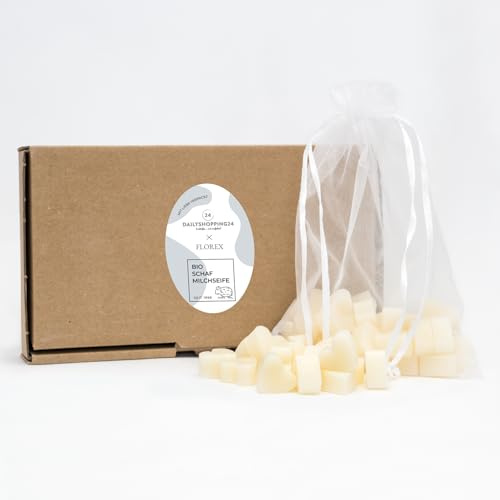 Florex Savon au lait de brebis en forme de cœur – Lot de 50 mini savons pour invités – Savon naturel fait main – Idéal pour baptême, communion, confirmation, cadeau – Dans boîte cadeau (Classique