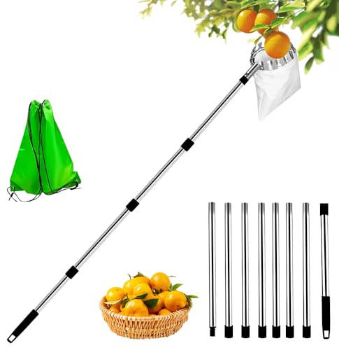 WDKXCN Raccogli frutta, 4,2 m, con manico telescopico, raccogli mele, in lega di alluminio, raccogli mele, con manico telescopico, raccogli prugne con tasca di diametro 16 cm, raccoglitore di frutta