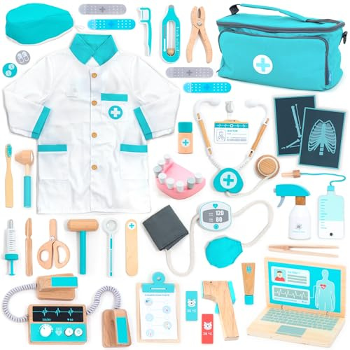 UMU Valigetta da medico in legno di lusso per bambini con stetoscopio, camice da medico, computer portatile, accessori dentista e altro ancora, valigetta da dottore, giocattolo per gioco di ruolo, kit