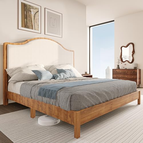 Jocisland Queen Size Wooden Platform Bed Frame with Upholstered Headboard Solid Wood Bed, No Box Spring Needed, Walnut