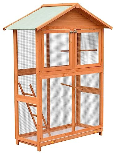 Mokuyary - Jaula para pájaros (pino macizo, madera de abeto, 125,5 x 59,5 x 164 cm, aviario al aire libre, jaula para pájaros, canarios, pinzas, periquitos ondulados, inseparables
