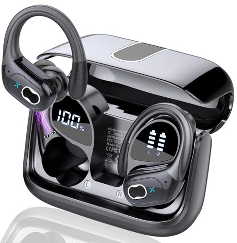 Auriculares Inalámbricos Deportivos, Auriculares Bluetooth 5.4 con App Inteligente y ENC Mic, 75H Cascos Inalambricos con Pantalla LED Digital, IP7 Impermeable Cascos para Gym y Running, Negro