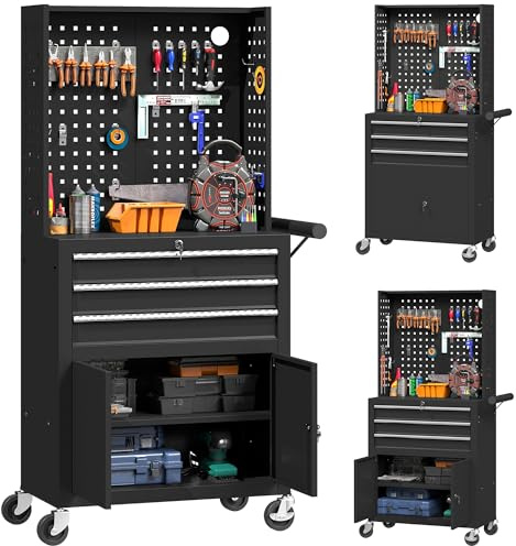 HOMCOM Servante d'Atelier en Acier à 3 Tiroirs Étagère Réglable Noir | Chariot à Outils Verrouillable, Panneau Perforé, Caisse à Outils sur Roulettes, Atelier, Garage