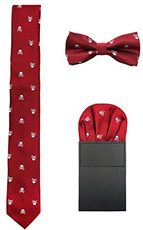 WANYING Hombre 6cm Corbata & Pajaritas & Pañuelo de Bolsillo 3 en 1 Set Moda Casual Cool - Calavera Patrón Rojo Bordeaux