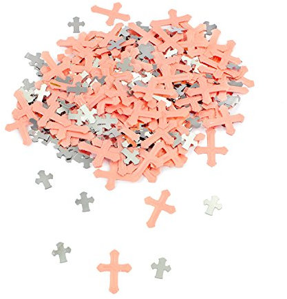 Oblique-Unique® Confettis décoratifs en forme de croix - Rose et argenté - Mélange de litière - Décoration de table pour confirmation, baptême, communion