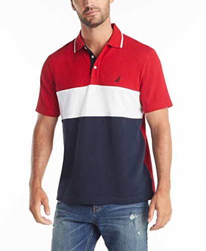 Nautica Men's Short Sleeve 100% Cotton Pique Color Block Polo Shirt Shirt, nautica Red, Large