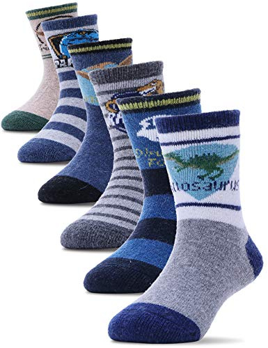 PROETRADE Merino Wool Socks for Kids Boys Girls Toddlers Winter Warm Thermal Walking Thick Heavy Boot Cosy Hiking Gift Socks 6 Pairs(Dinosaur A,1-3 Y)