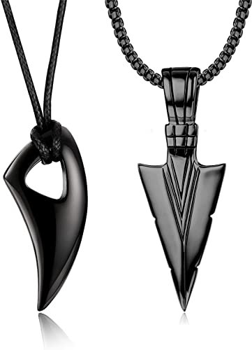 Morfetto 2 Stücke Edelstahl Anhänger Halskette für Herren Spearpoint Pfeilspitze Wolf Zähne Anhänger Kette Halskette Set Schwarz