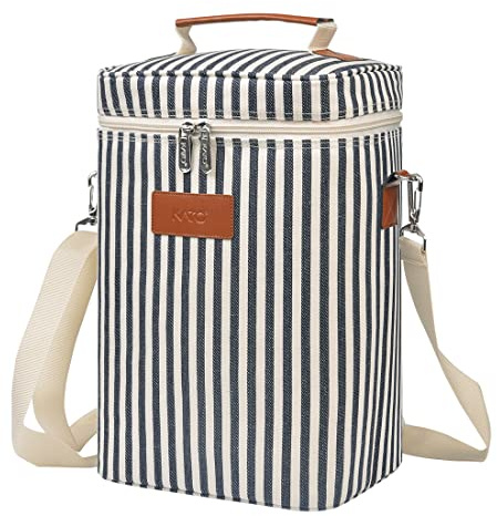 Kato Tirrinia 4 bolsas de hielo aisladas, bolsa de vino portátil con correa para fiesta de picnic BYOB restaurante, muestras de vino, rayas azules, 21 × 18 × 31 cm