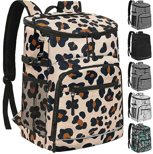 Kühlrucksack Isoliert Auslaufsicher Wasserdicht Rucksack Kühltasche 30 Dosen Große Kapazität Leicht Reise Camping Strand Getränk Bier Tasche Kühler Eistruhe für Damen und Herren Leopard