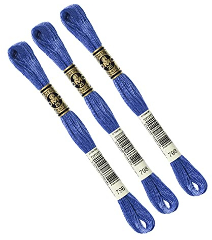 DMC – set med 3 DMC-spolgarn, broderigarn Mouliné 117 MC, 100 % bomull – passar alla tekniker och underlag, perfekt för korsstygn (BLAU)