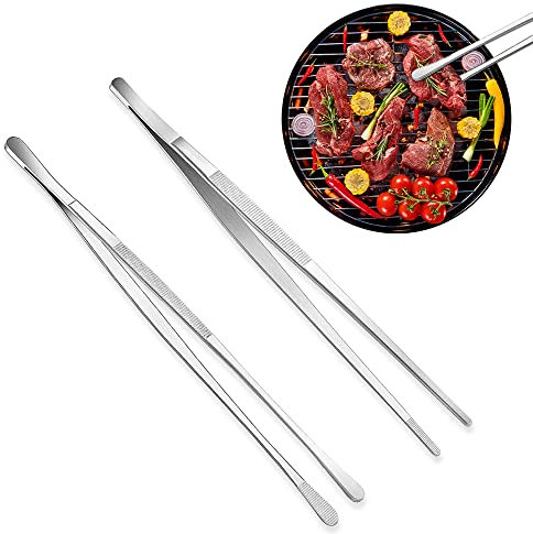 mizikuu 2 Stück Kochpinzette Edelstahl, Pinzette Küche Grillpinzette, Pinzette Lang Bratpinzette Fleischpinzette Fleischzange Zuckerzange für Kochen Grillen Backen Hochzeit Bar und Party(30cm Silber)