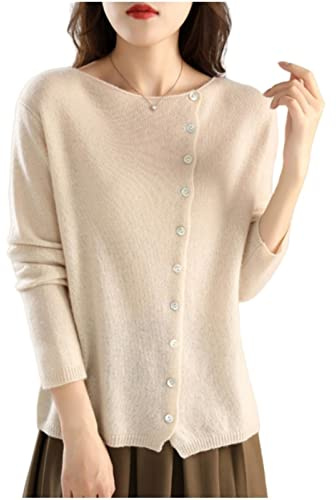 MOGSA Cardigan chandails printemps en cachemire pull femme col rond cardigan tricoté léger et chaud tops slim blanc cassé, L