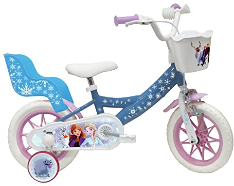 Vélo ATLAS Mädchen Fahrrad 12 Zoll Eiskönigin/Frozen ausgestattet mit 1 Bremse, Korb vorne, Puppentür hinten, Schmutzschutz, Gehäuse und Stabilisatoren, himmelblau, 12''