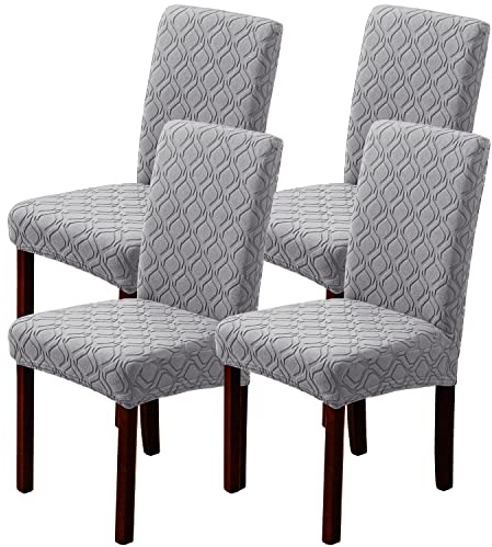 OKYUK Chair Covers, Dining Chair Covers Set of 2/4/6,Elastic Chair Protector Stretch Removable Washable Seat Covers for Dining Room Wedding Banquet Party Decoration (4, Jacquard light grey)