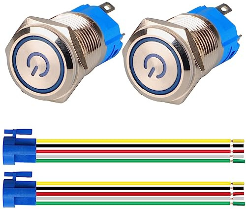 GUUZI 2 Pezzi Interruttore a Pulsante a Scatto 1NO1NC Guscio Impermeabile in Acciaio Inossidabile 220V-230V/5A Anello LED Interruttore Illuminato con Spina Presa Filo Adatto per 16mm (Blu)