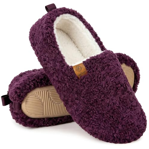 EverFoams Women’s Soft Curly Full Slippers Memory Foam Lightweight House Shoes Cozy Loafer with Polar Fleece Lining Dark Aubergine,7-8 US