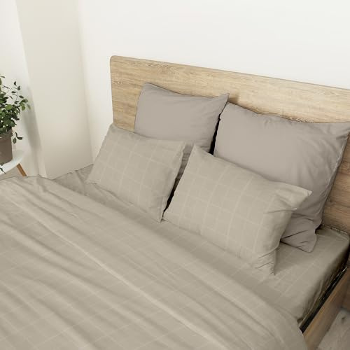 Ruggeri Lenzuola Matrimoniali in Raso di Cotone 100% – Completo Letto 4 Pezzi (2 Lenzuoli + 2 Federe) – Made in Italy – Quadri Sabbia