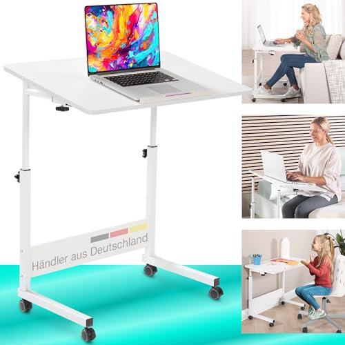maxVitalis mobiler Laptoptisch Schreibtisch Computertisch Pflegetisch höhenverstellbar mit Rollen, Tischplatte neigbar, Multifunktionaler Beistelltisch für Bett Sofa Couch, Laptopständer (Weiß)