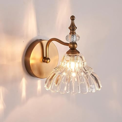 CHILDHOOD Retro Wall Light, Bathroom Vanity Lights Fixture, Industrial Crystal Wall Sconce Lighting, Brass Bathroom Light Glass Wall Lamp for Hallway Living Room Bedroom[Energy Class A+]