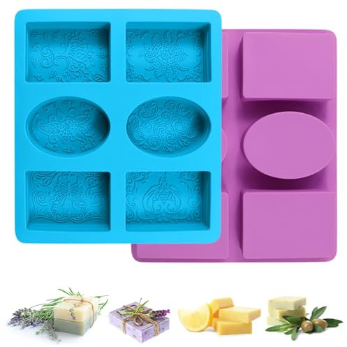 2 Stück Seifenformen Silikon Mit Muster, Seifen Formen Set Silikon 6 Hohlräum Seife Formen Silikon, Silikonform Seife, Silikonformen Gießformen Seife, Oval Und Rechteckig für Handmade Seife Kerze DIY