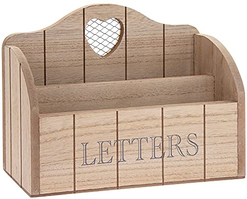Natural Wood Finish Letter Rack With Contrasting Grey Letters Wording and Cutout Heart Detail, Twin Compartment Decorative Mail Organiser