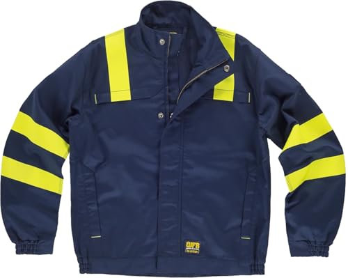 WORKTEAM B1196 Cazadora Ignífuga, Antiestática con protección para Soldadura y Arco Eléctrico, Visibilidad Realzada, Cintas Fluorescentes Amarillas y Triple Costura. Unisex Marino+Amarillo A.V. M
