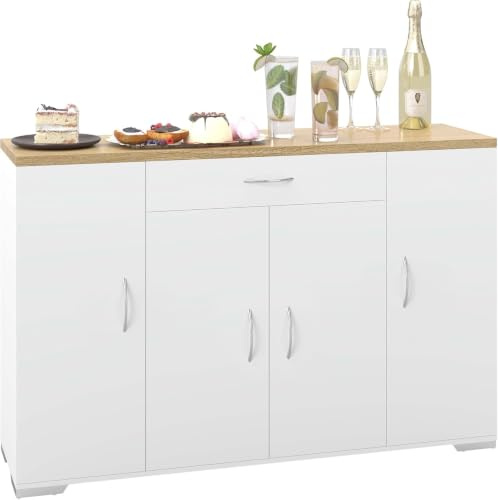 hitsuki Schmaler Buffetschrank Weiß 4 Türen und Schublade 110×30×70cm