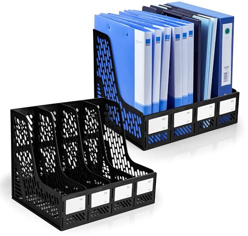 Axincardarm A4 Magazine File Holder 2 Pack Plastic File Magazine Organiser | for Desk Office Organization Storage, Desktop, 4 Sections, 30.5 x 25.5 x 30.5cm