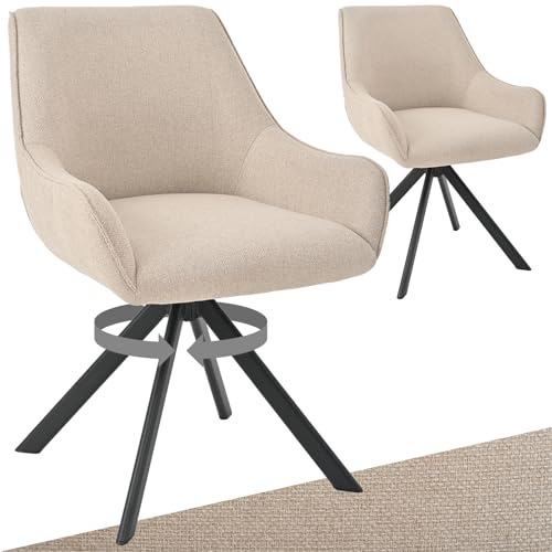 Goeurvant Esszimmerstühle Drehbar 2er Set mit Armlehne – 360°Drehbar Polsterstuhl Leinen Modern Drehstuhl Küchenstuhl mit Metallgestell und Rückenlehne für Esszimmer, Wohnzimmer, Büro, Beige