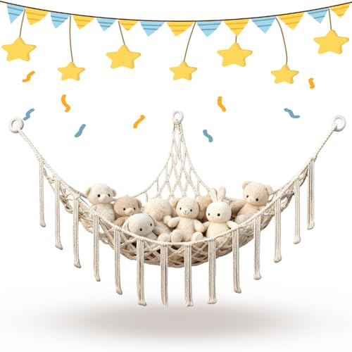 Wanheart Teddy Hammocks, Corner Toy Storage Net for Stuffed Animals, Stuffed Animal Storage Net, Cute Plush Nursery Hanging Organizer for Kids Bedroom and Playroom (Beige)