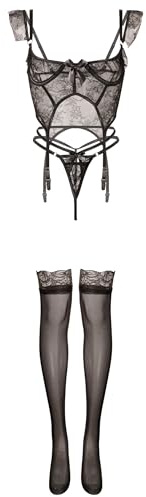 ROSVAJFY Biancheria intima da donna in pizzo sexy con reggicalze in peluche con giarrettiera, lingerie sexy per San Valentino, con perizoma +, Nero , Taglia unica