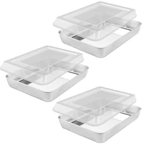 STARVAST 3 teglia da forno profonda con coperchio, 31 x 24 x 5 cm, in acciaio inox, rettangolare, per cottura a secco, ideale per torte di brownie e lasagna, finitura a specchio e panno