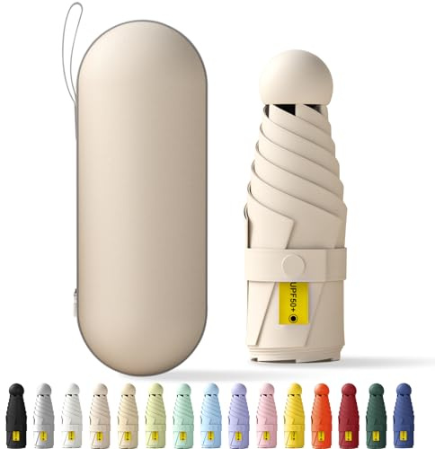 FWHFNB Ombrello Piccolo, Mini Ombrello Tascabile, Pieghevole Ombrello da Viaggio, Pioggia UV Protezione Sole, UPF 50+, Portatile Leggero Compatto, per Donne Uomini (Beige)