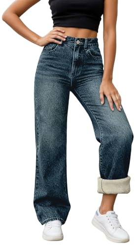 DaPongZhi Jeans Donna Larghi Vita Alta in Pile Jeans Felpati Donna Fodera Interna Morbida con Tasche Comodi Jean Termici Invernali Jean Baggy Wide Leg Fit Pantaloni Diritti e Streetwear