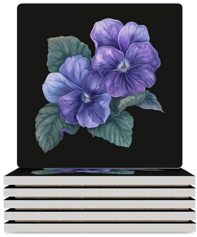 African Violet Flower Coasters for Drinks Square Table Coasters Set Cup Mats with Cork Base