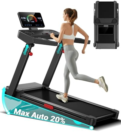 UMAY Tapis de Course avec Inclinaison Automatique de 20%, 14KM/H | Tapis Roulant Pliable avec LED, 3.5CV Treadmill Home,180KG, Maison et Le Bureau