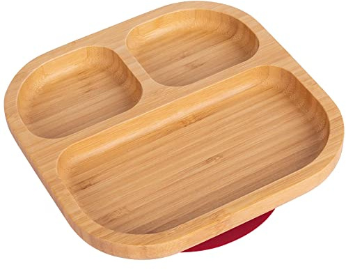 Tiny Dining Baby Plate with Suction Cup - Segmented - Red - Divided Non-Slip Bamboo Self-Feeding Baby Weaning Plate for Babies, Toddlers, Children