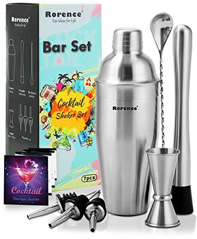 Rorence 7-teiliges Edelstahl-Cocktail-Shaker-Set, Barzubehör, Barkeeper-Set: 700 ml Edelstahl-Martini-Shaker mit integriertem Sieb, Muddler, Barlöffel, Jigger und 3 Weinausgießer